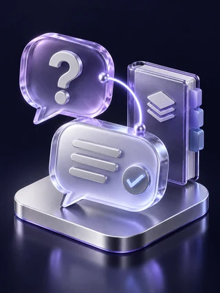 客户提问与可信资料连接的紫色玻璃3D场景