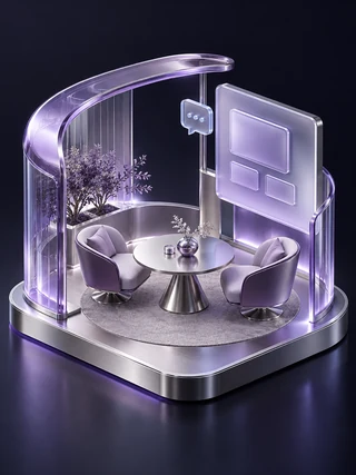 紫色玻璃与银色金属构成的AI商务会客厅3D微缩场景